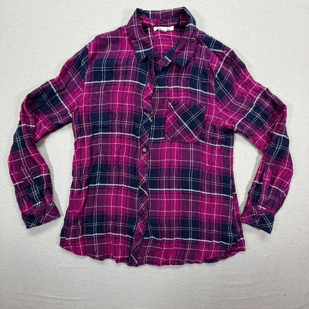Beachlunchlounge Womens Button Down Regular Magenta Navy Plaid Rayon Shirt Small
